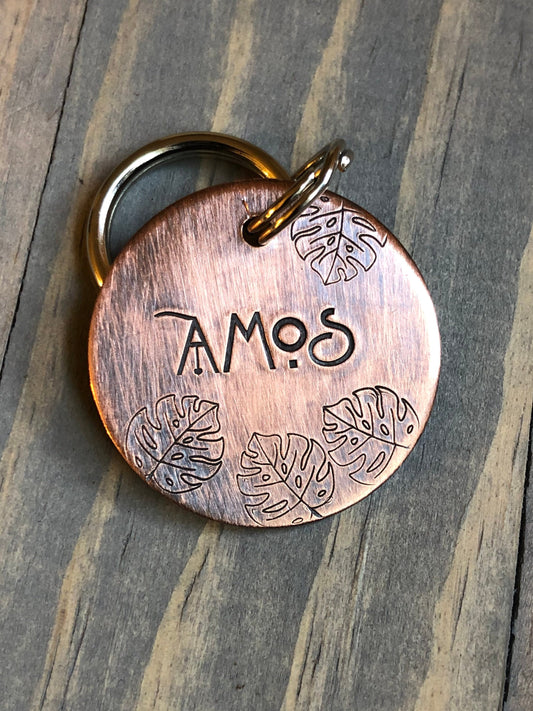 Name Tag for Dog, Hand Stamped Pet ID Tag, Tropical Leaves, Monstera Leaf Personalized Dog Tag for Dog, Floral Dog Tag,  Dog Tag with Palms