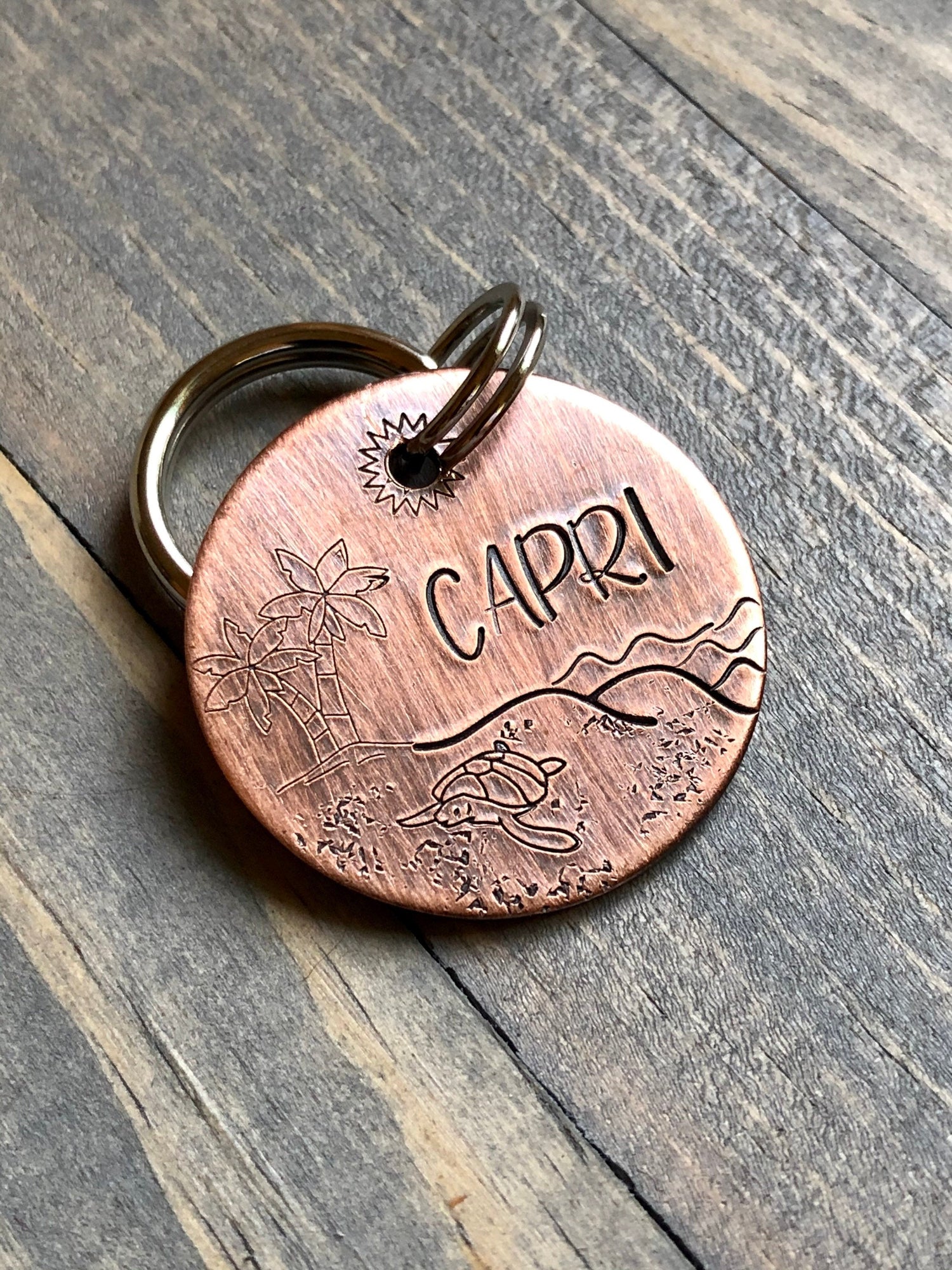 Hand Stamped Pet ID Tag, Name Tag for Dog, Coastal Beachy Dog Tag, Personalized Dog Tag for Dog, Turtle, Palm Tree, Beach
