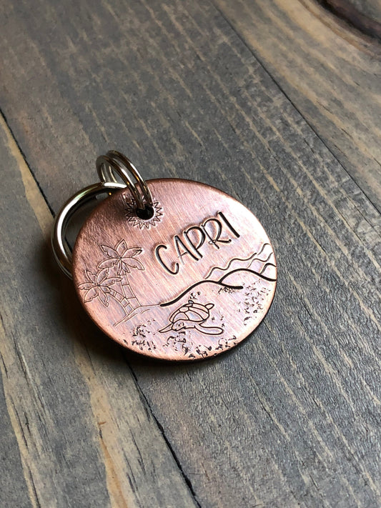 Hand Stamped Pet ID Tag, Name Tag for Dog, Coastal Beachy Dog Tag, Personalized Dog Tag for Dog, Turtle, Palm Tree, Beach