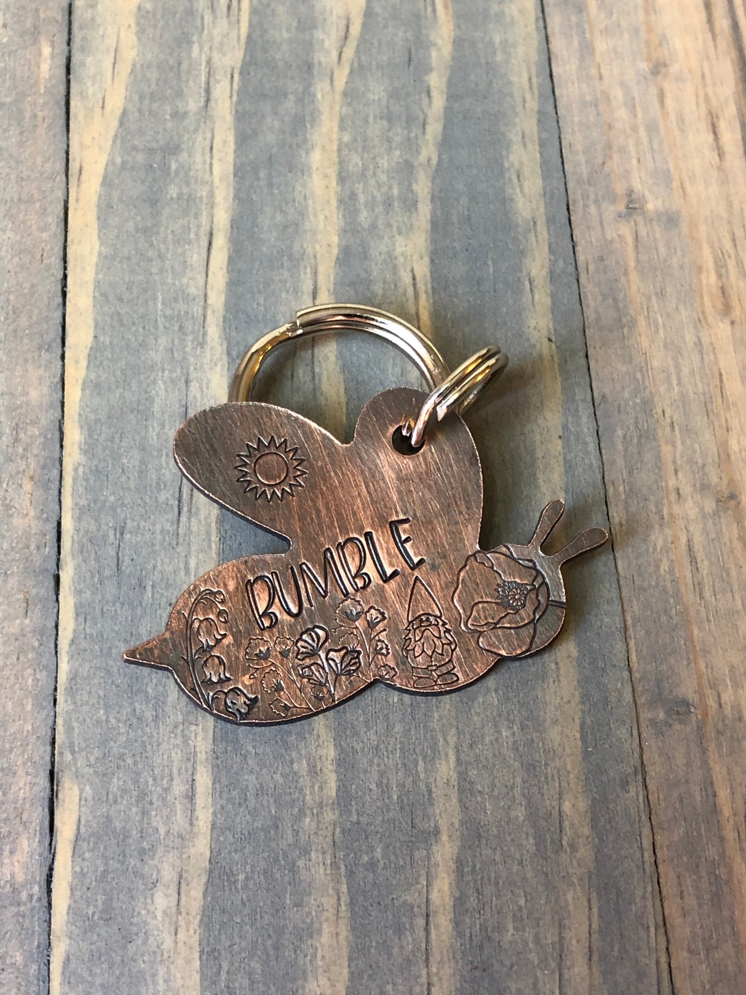 Custom Bee Dog Tag, Hand Stamped Pet ID, Personalized Dog Tag for Dog, Bumblebee Dog Tag, Garden Gnome with Flowers, Lily of the Valley