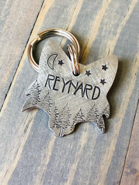 Custom Fox Dog Tag, Hand Stamped Pet ID, Personalized Dog Tag for Dog, Reynard Dog Tag, Fox with Trees, Moon & Stars