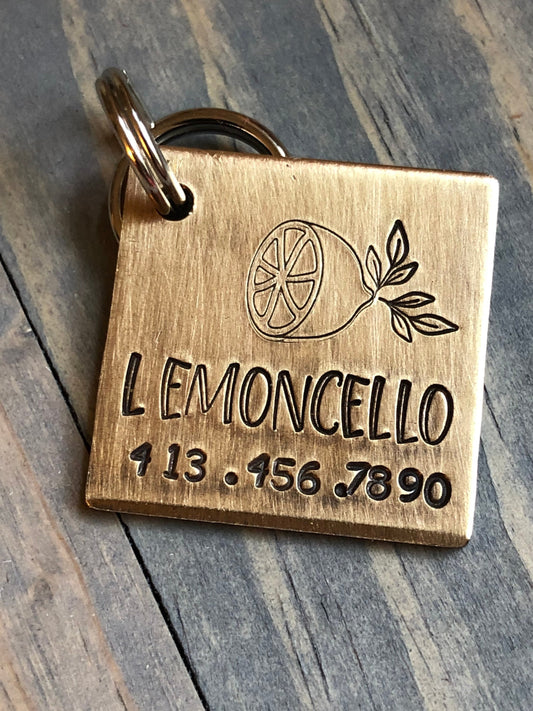 Personalized Name Tag for Dog, Hand Stamped Pet ID, Lemon Dog Tag, Dog Tag with Lemon