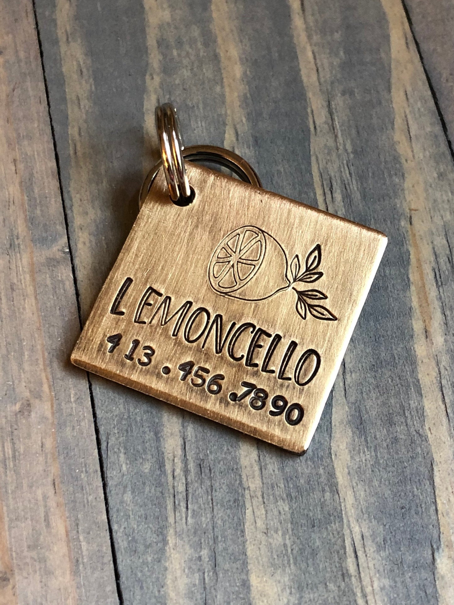 Personalized Name Tag for Dog, Hand Stamped Pet ID, Lemon Dog Tag, Dog Tag with Lemon