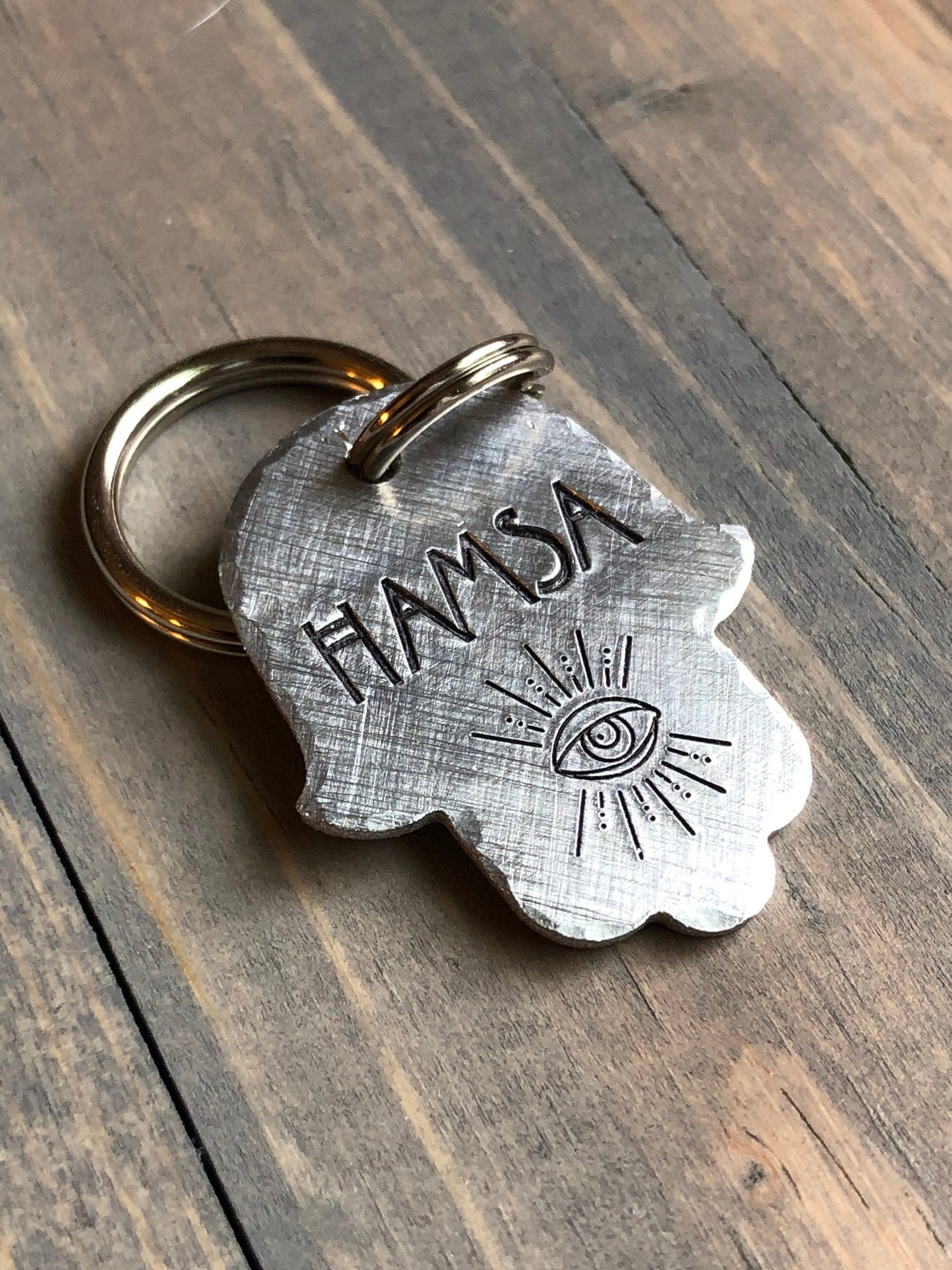 Hamsa Hand Name Tag for Dog, Hand Stamped Pet ID Tag, Evil Eye Tag, Personalized Dog Tag for Pet, AHS Font Dog ID Tag, Hand Stamped