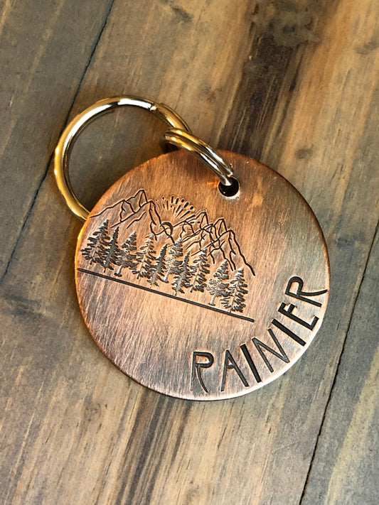 Name Tag for Dog, Hand Stamped Pet ID Tag, Mountain Dog Tag, Personalized Dog Tag for Dog, Rustic, Trees, Hiking