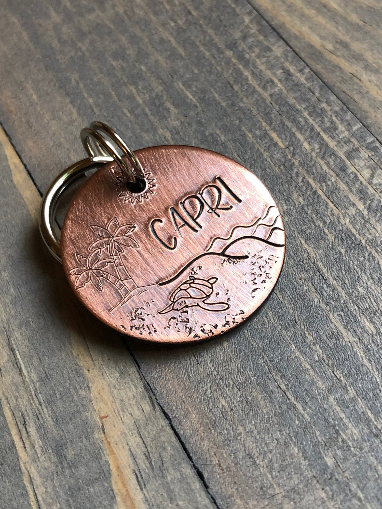 Hand Stamped Pet ID Tag, Name Tag for Dog, Coastal Beachy Dog Tag, Personalized Dog Tag for Dog, Turtle, Palm Tree, Beach