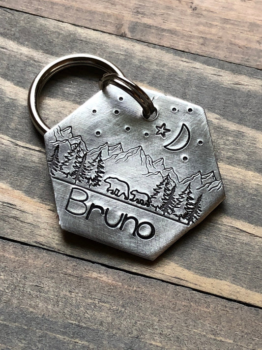 Custom Wilderness Dog Tag, Hand Stamped Pet ID, Personalized Dog Tag for Dog, Dog ID Tag with Bear, Collar Tag with Mountains, Moon, Stars