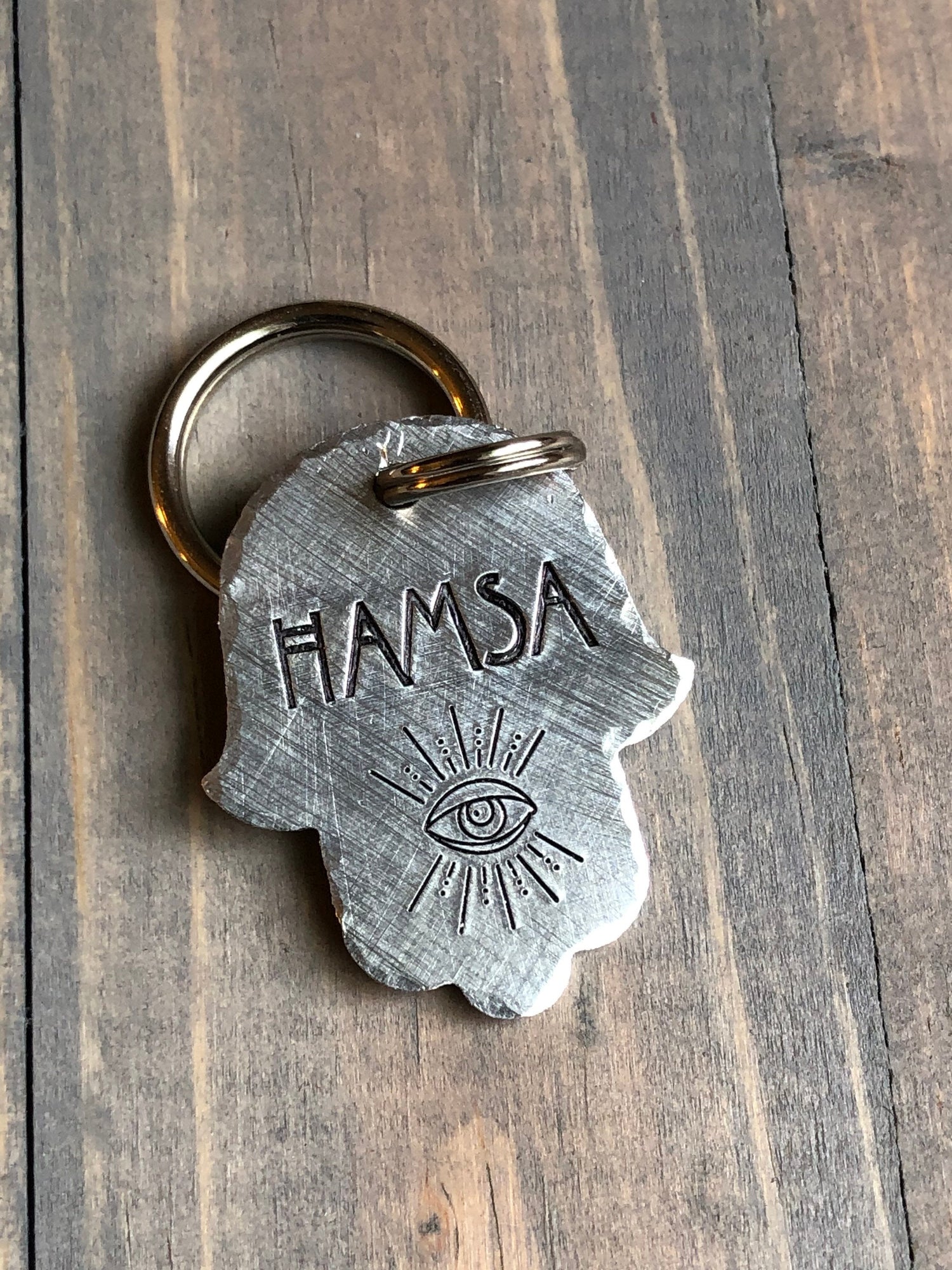 Hamsa Hand Name Tag for Dog, Hand Stamped Pet ID Tag, Evil Eye Tag, Personalized Dog Tag for Pet, AHS Font Dog ID Tag, Hand Stamped