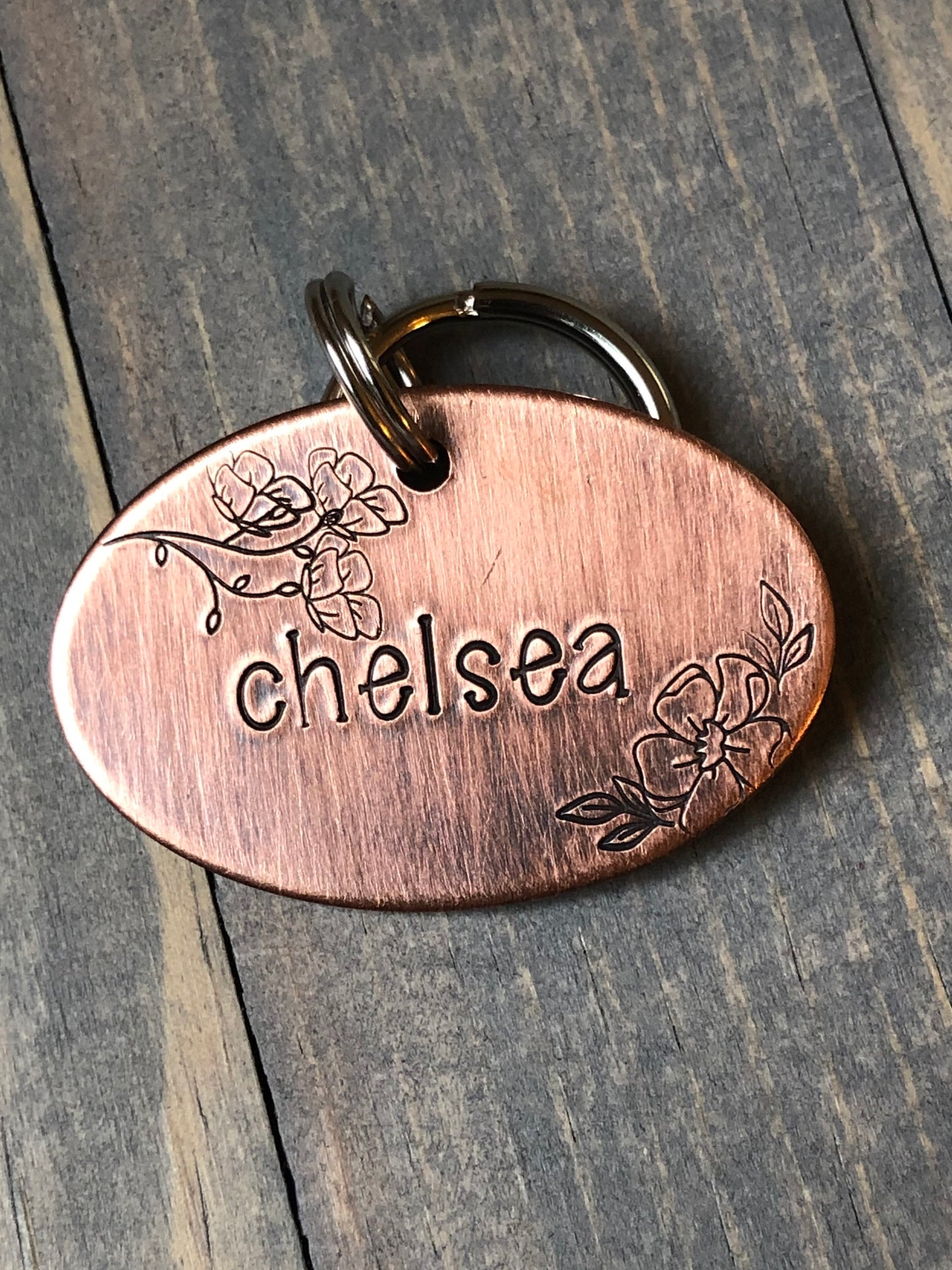 Cosmos Dog Name Tag for Dog, Hand Stamped Pet ID Tag,  Personalized Dog Tag for Pet, Floral Font Dog ID Tag, Flowers