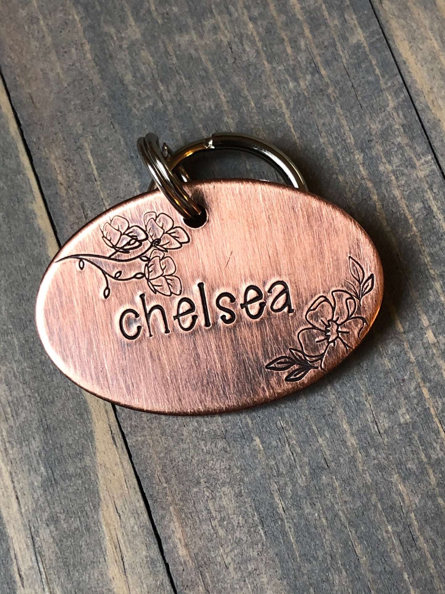 Cosmos Dog Name Tag for Dog, Hand Stamped Pet ID Tag,  Personalized Dog Tag for Pet, Floral Font Dog ID Tag, Flowers