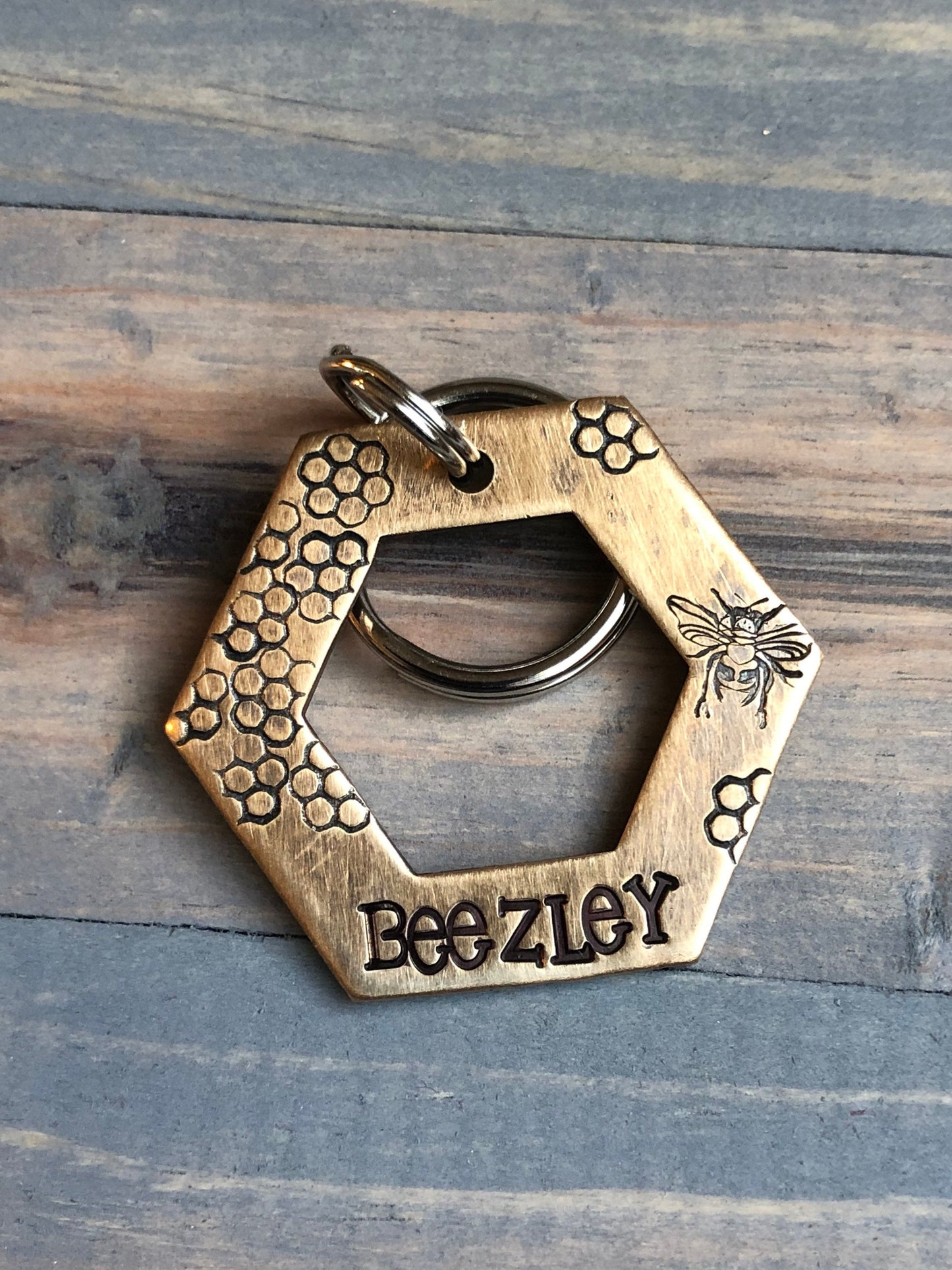 Custom Queen Bee Dog Tag, Hand Stamped washer Pet ID, Personalized Dog Tag for Dog, honey bee, honey comb, bee hive
