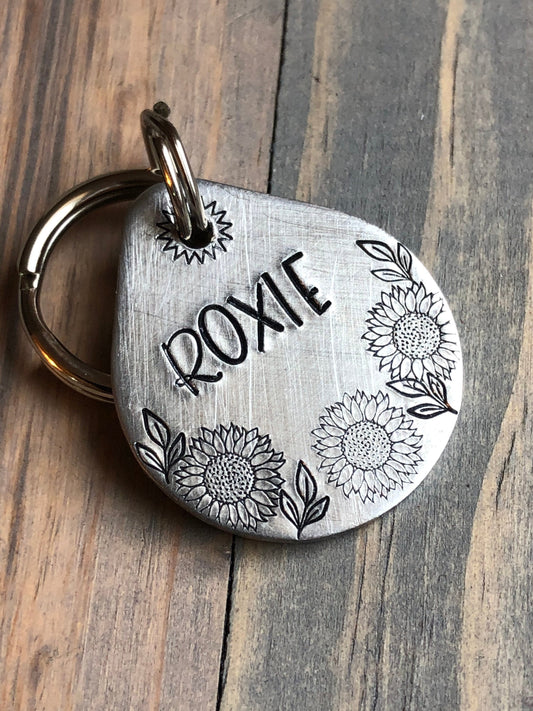 Custom Sunflower Dog Tag, Hand Stamped Pet ID, Personalized Dog Tag, Floral Dog Tag, Botanical Dog Tag
