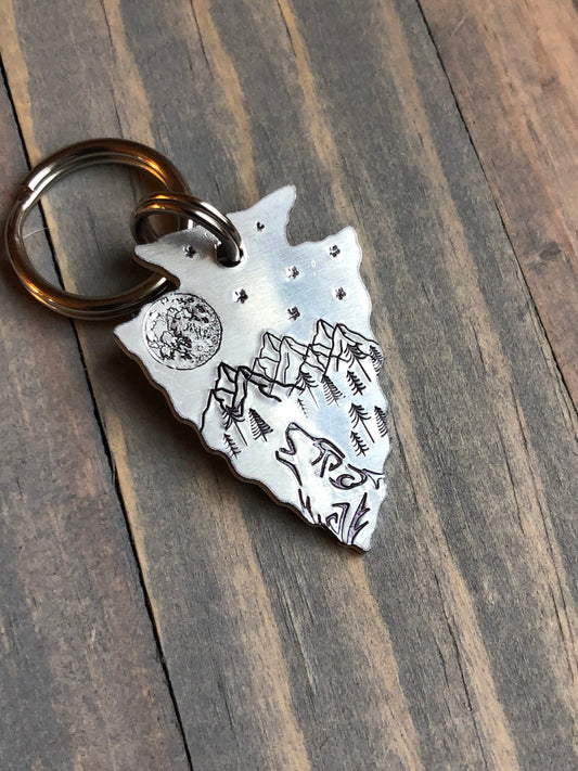 Custom Arrowhead Dog Tag, Full Moon with Wolf Dog Tag, Hand Stamped Pet ID, Personalized Dog Tag for Dog, Arrowhead Dog Tag
