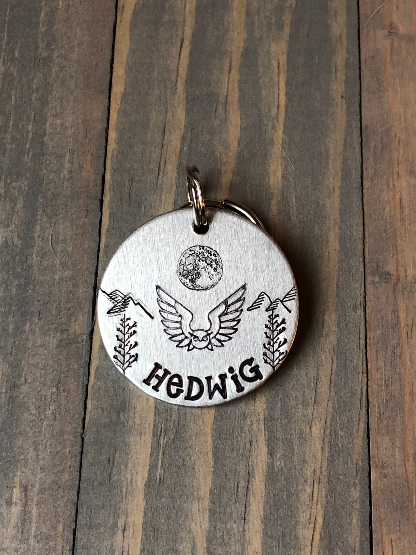 Custom Owl Dog Tag, Hand Stamped Pet ID, Personalized Dog Tag, Full Moon Dog Tag, Dog Tag with Owl and Full Moon