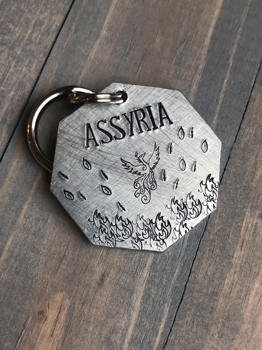 Name Tag for Dog, Hand Stamped Pet ID Tag, Phoenix Rising from the Flames, Personalized Dog Tag for Dog, Mythical Tag, Dragon