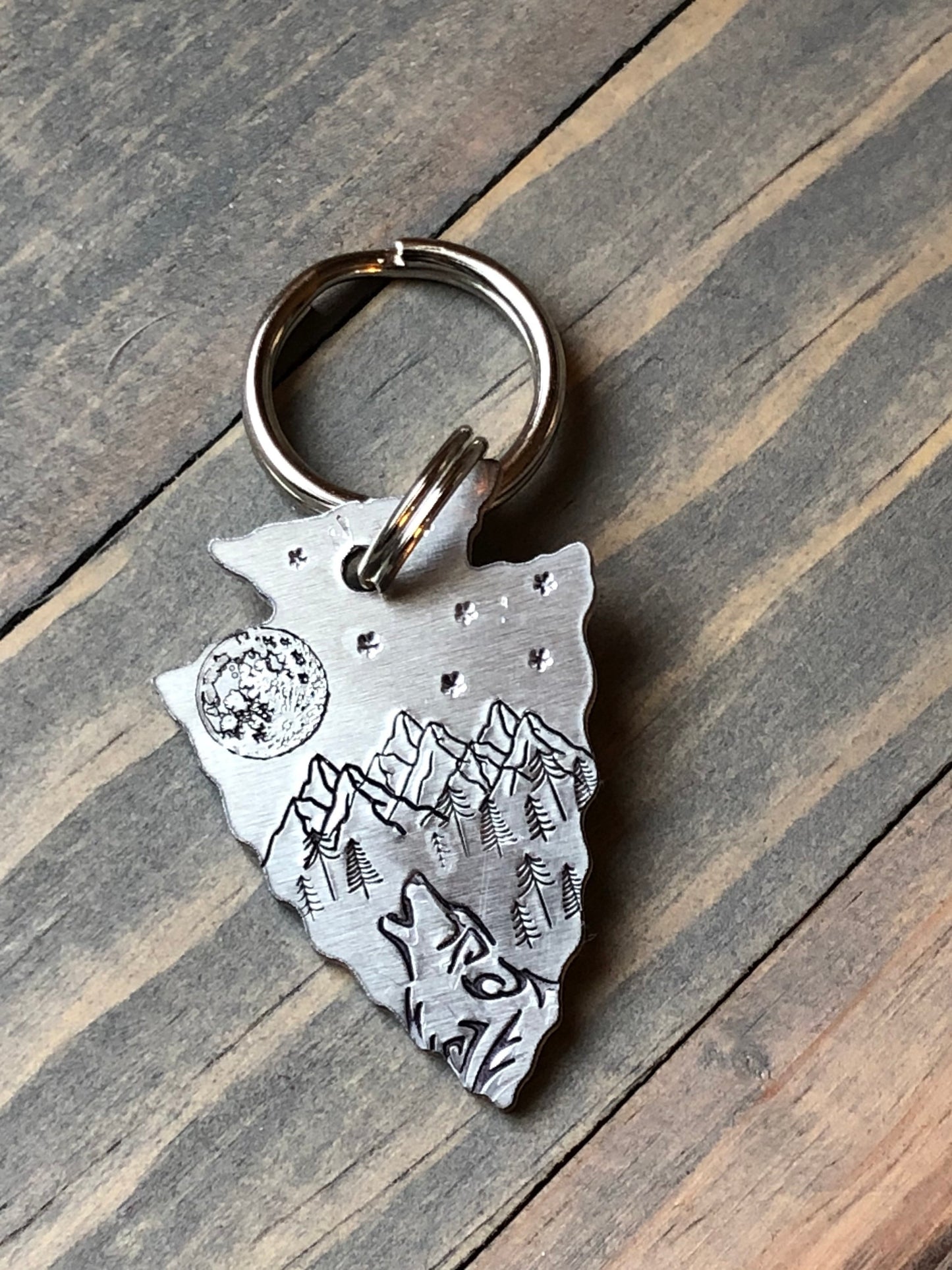 Custom Arrowhead Dog Tag, Full Moon with Wolf Dog Tag, Hand Stamped Pet ID, Personalized Dog Tag for Dog, Arrowhead Dog Tag