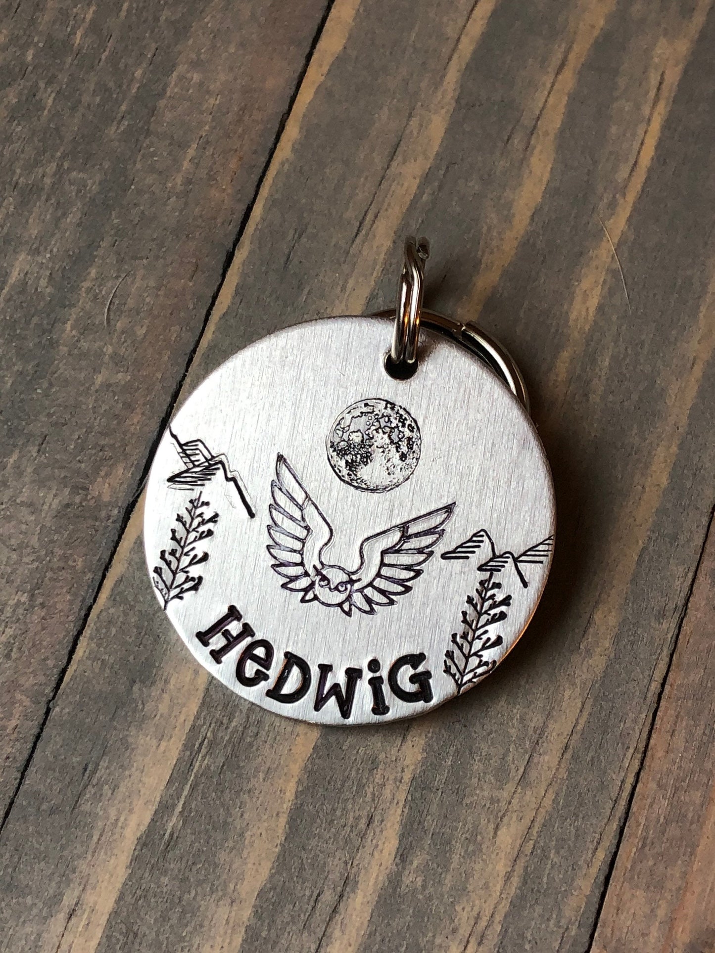 Custom Owl Dog Tag, Hand Stamped Pet ID, Personalized Dog Tag, Full Moon Dog Tag, Dog Tag with Owl and Full Moon