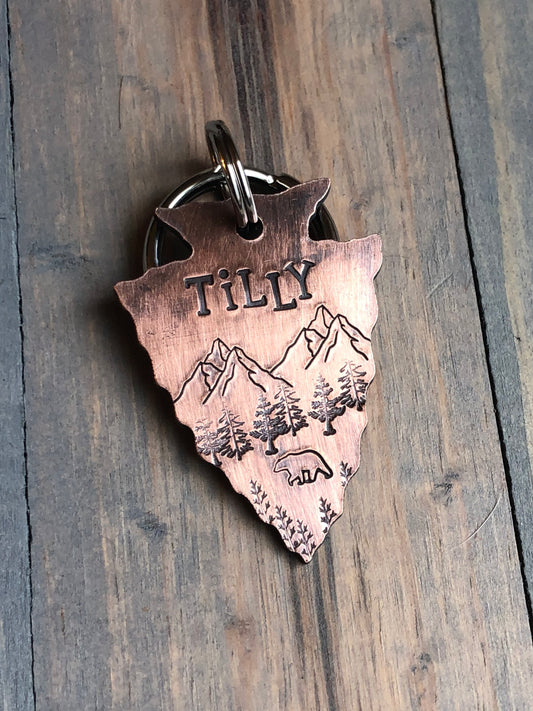 Custom Arrowhead Dog Tag, Hand Stamped Pet ID, Grizzly Bear, Personalized Dog Tag for Dog, Arrowhead Dog Tag with Bear