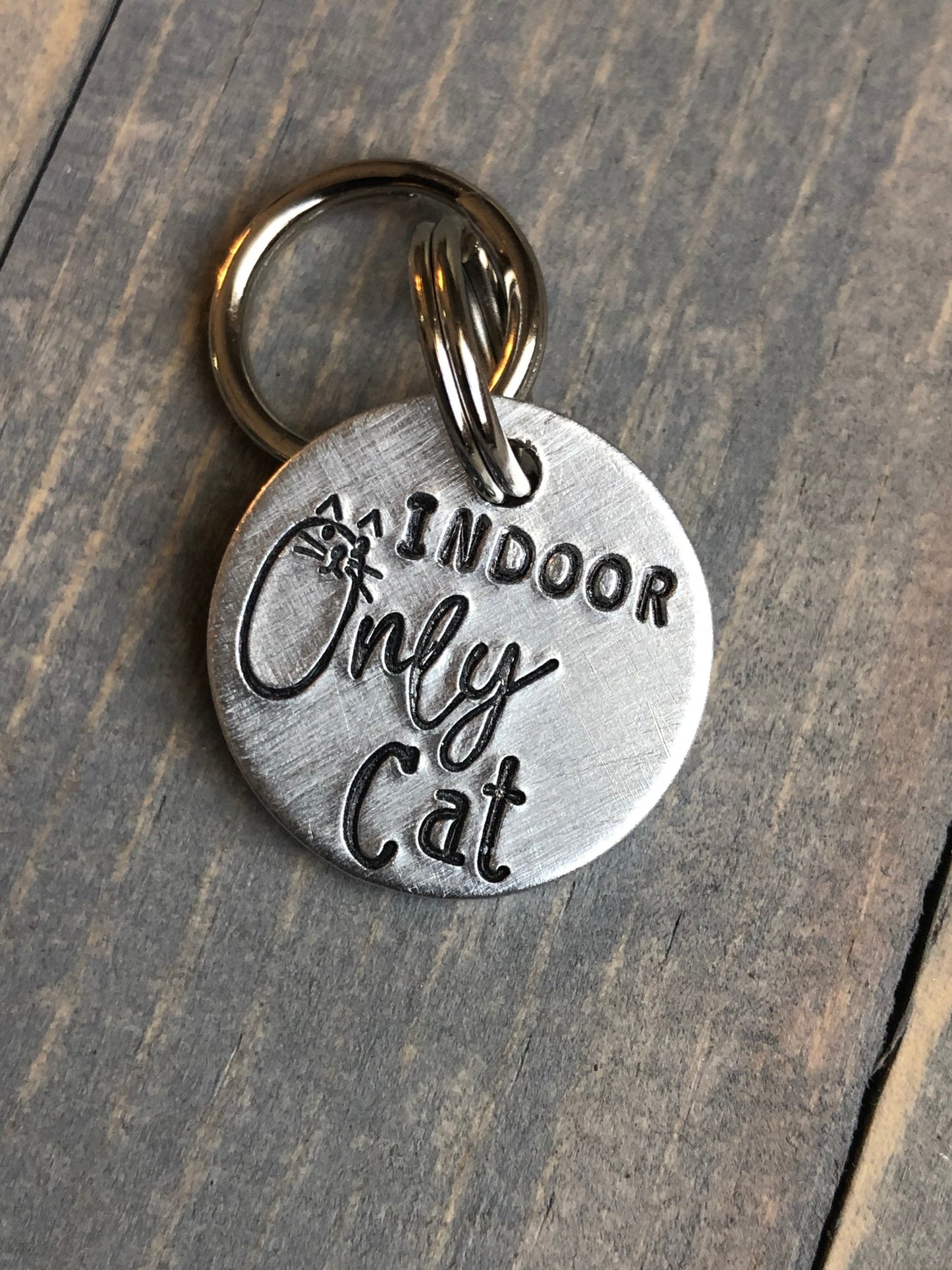 Indoor Cat Tag, Hand Stamped Cat ID, Personalized Cat Tag for Indoor Kitty, Kitten ID Tag