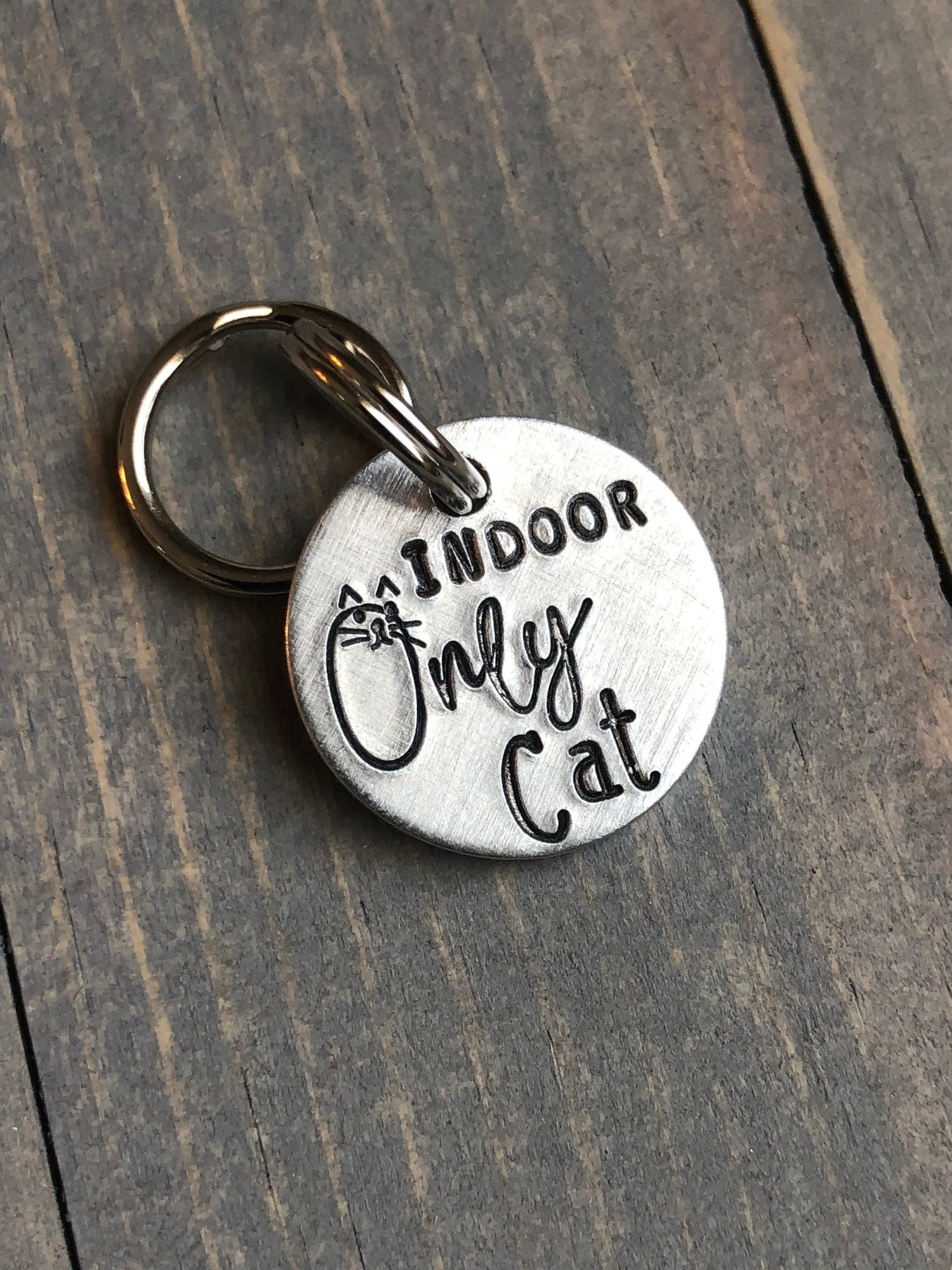 Indoor Cat Tag, Hand Stamped Cat ID, Personalized Cat Tag for Indoor Kitty, Kitten ID Tag