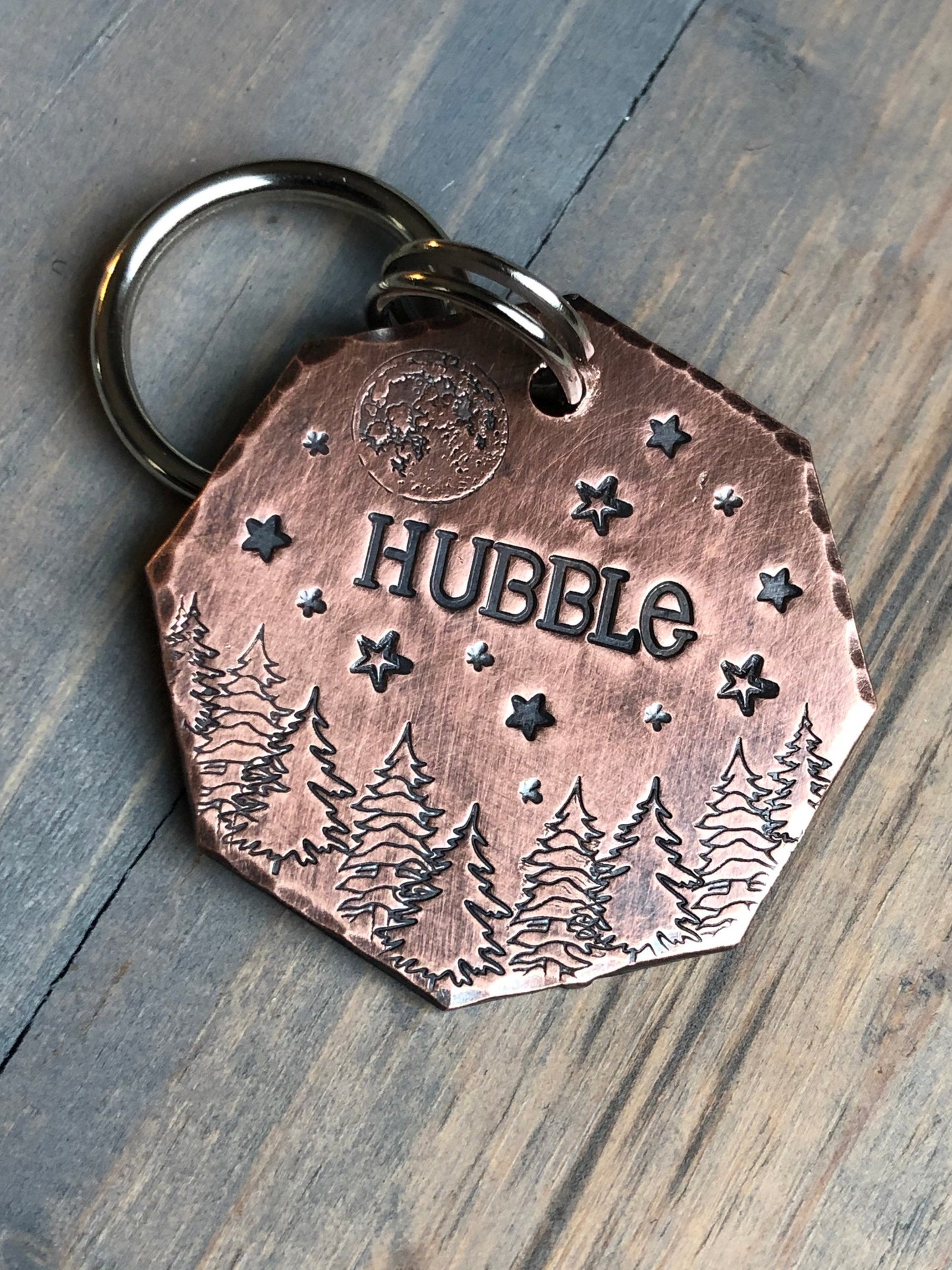 Name Tag for Dog, Hand Stamped Pet ID Tag, Dog ID Tag with Full Moon and Trees, Personalized Dog Tag for Dog, Hubble, Celestial Pet Tag Star