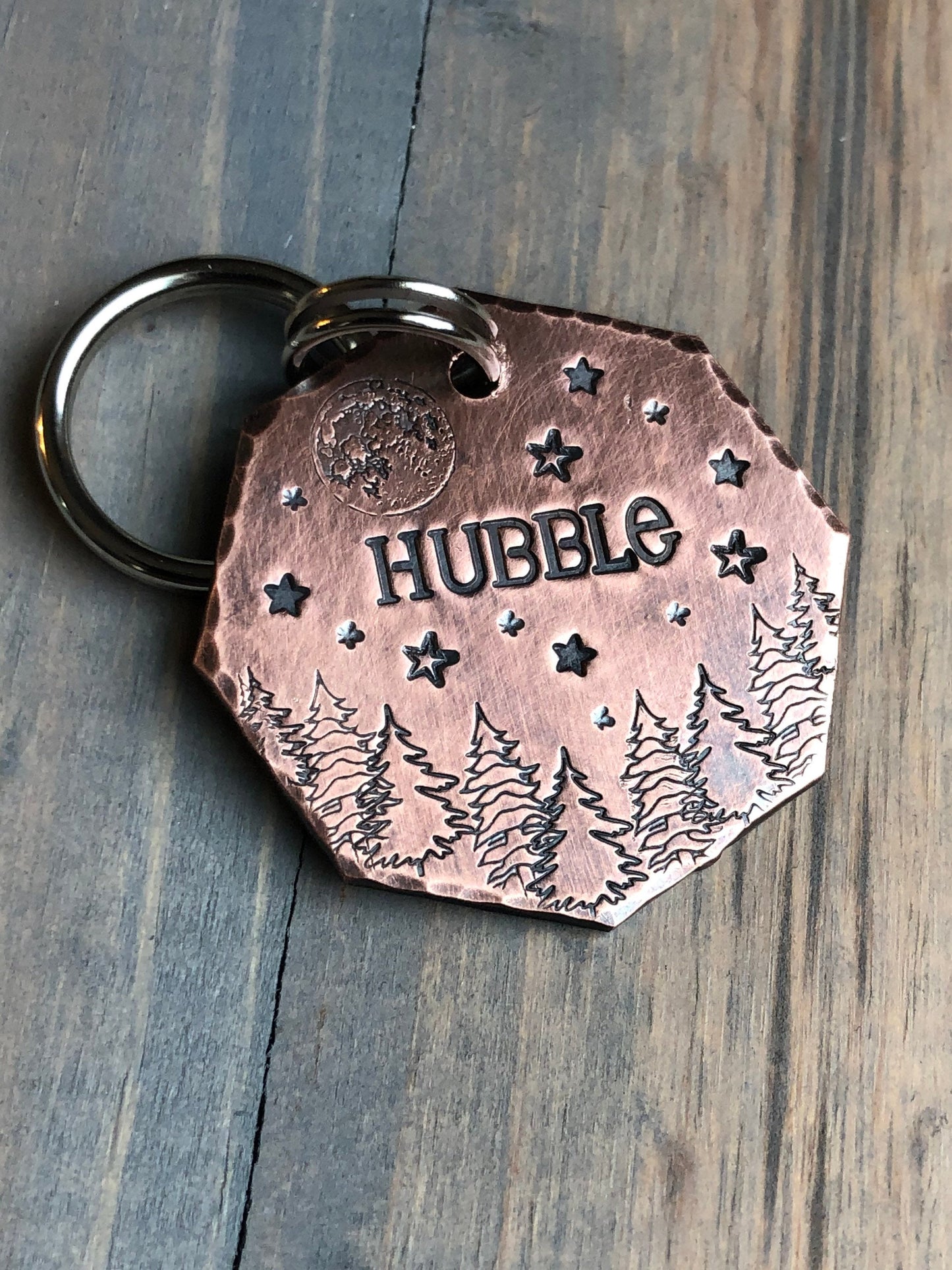 Name Tag for Dog, Hand Stamped Pet ID Tag, Dog ID Tag with Full Moon and Trees, Personalized Dog Tag for Dog, Hubble, Celestial Pet Tag Star