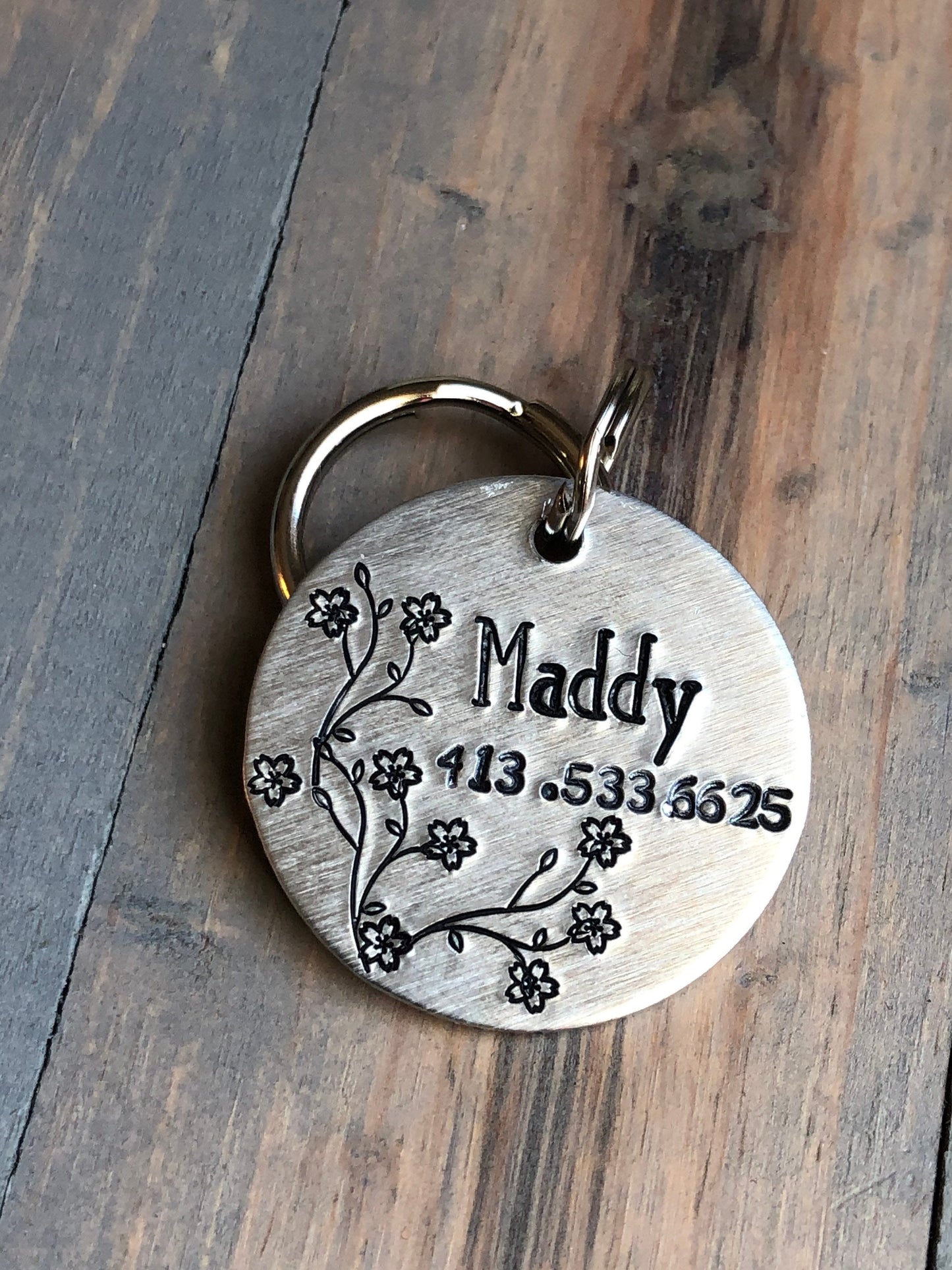 Name Tag for Dog, Hand Stamped Pet ID Tag, Cherry Blossoms, Personalized Dog Tag for Dog, Floral Dog Tag, Springtime Dog Tag
