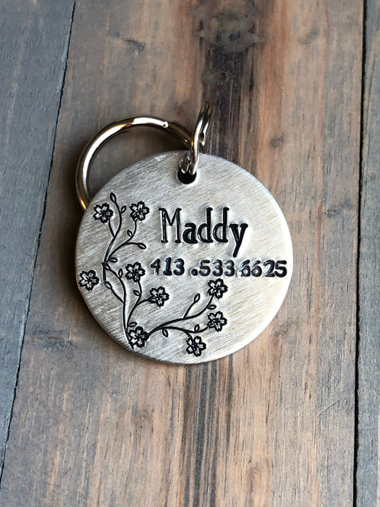 Name Tag for Dog, Hand Stamped Pet ID Tag, Cherry Blossoms, Personalized Dog Tag for Dog, Floral Dog Tag, Springtime Dog Tag