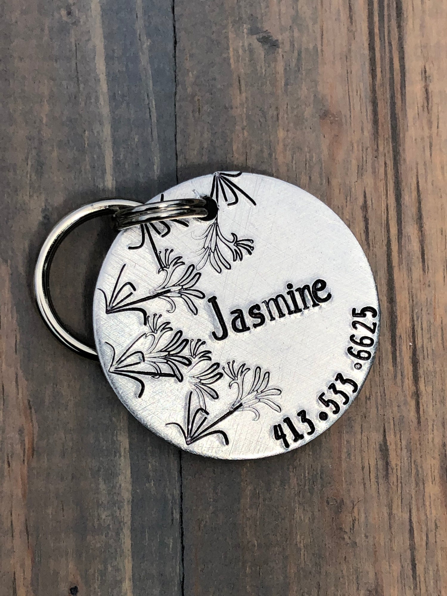Name Tag for Dog, Hand Stamped Pet ID Tag, Jasmine, Jasmine flower Personalized Dog Tag for Dog, Floral Dog Tag,  Dog Tag with Jasmine