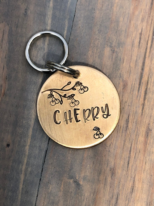 Name Tag for Dog, Hand Stamped Pet ID Tag, Personalized dog Tag with Cherries, Cherry