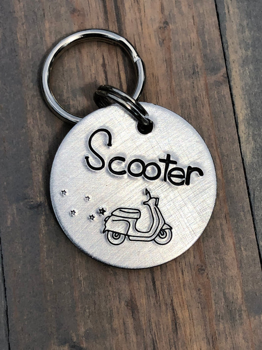 Name Tag for Dog, Hand Stamped Pet ID Tag, Scooter, Vespa, Dog Tag with Scooter