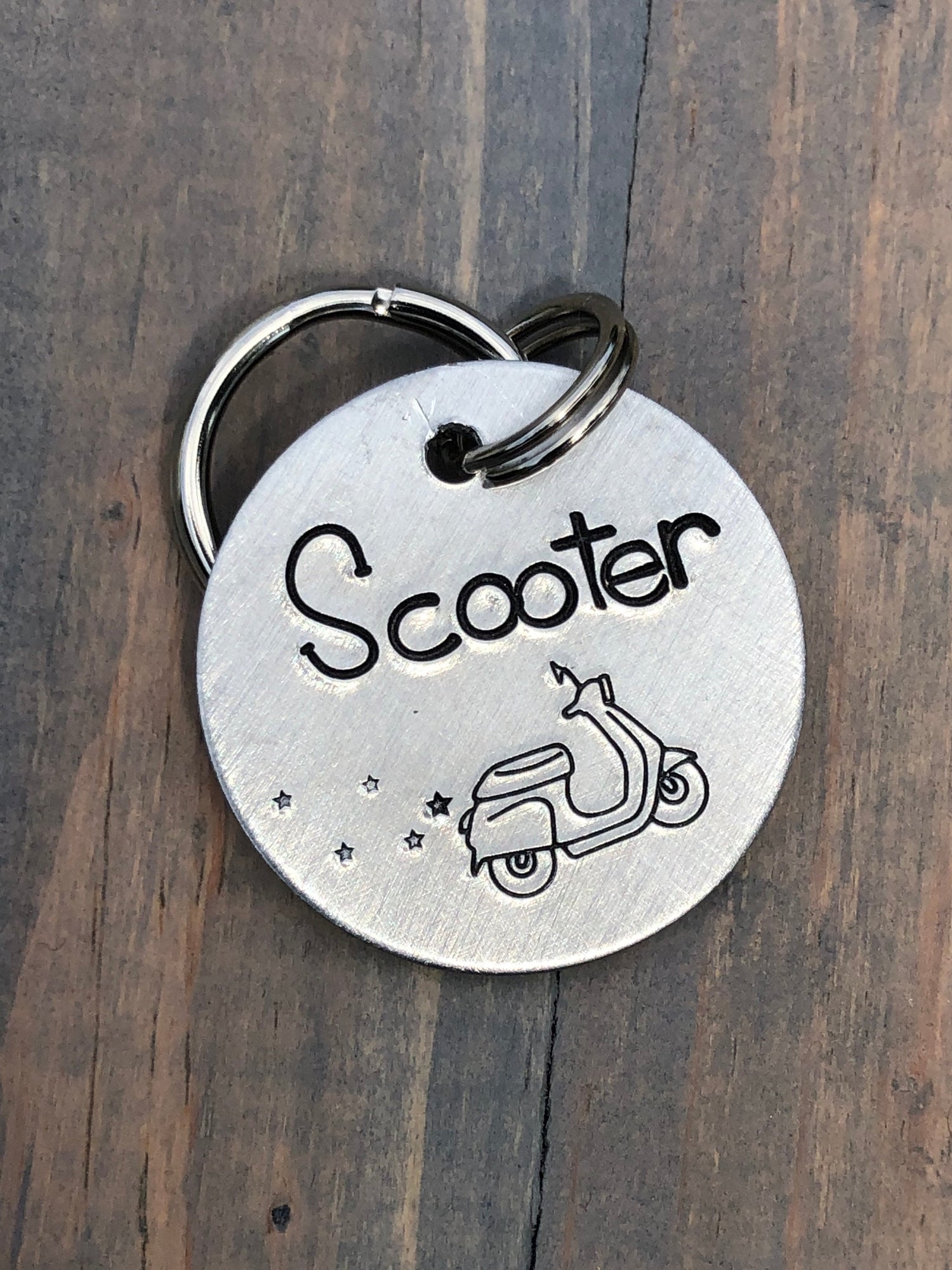 Name Tag for Dog, Hand Stamped Pet ID Tag, Scooter, Vespa, Dog Tag with Scooter