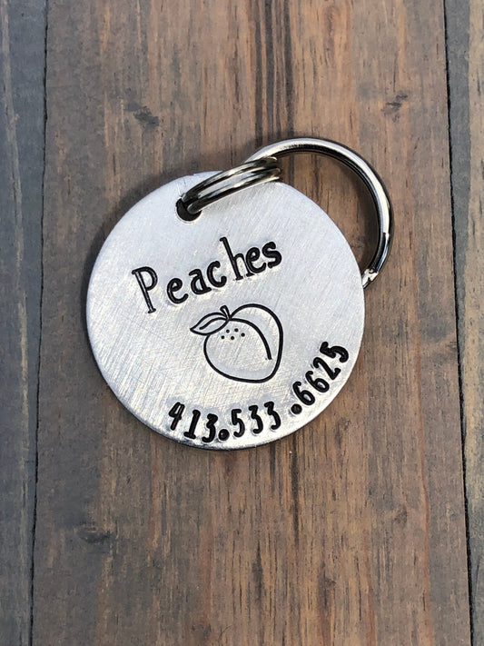 Name Tag for Dog, Hand Stamped Pet ID Tag, Peaches, Peach Personalized Dog Tag for Dog, Fruit Dog Tag,  Dog Tag with Peach