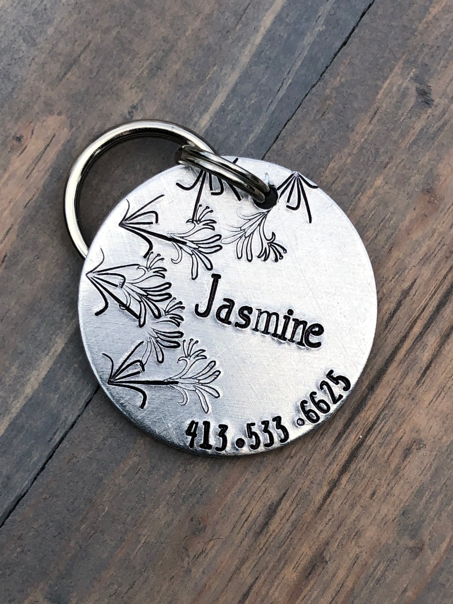 Name Tag for Dog, Hand Stamped Pet ID Tag, Jasmine, Jasmine flower Personalized Dog Tag for Dog, Floral Dog Tag,  Dog Tag with Jasmine