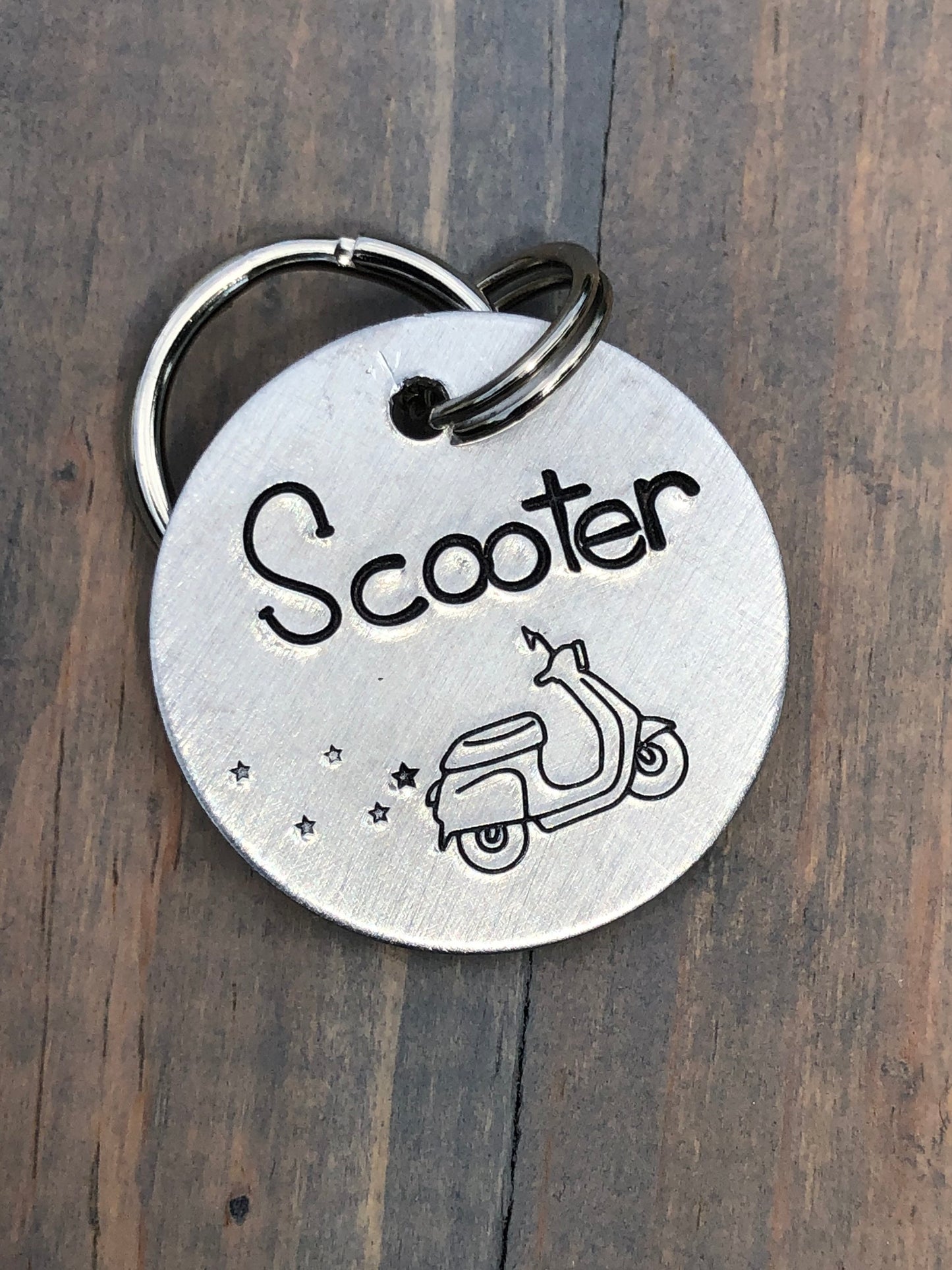 Name Tag for Dog, Hand Stamped Pet ID Tag, Scooter, Vespa, Dog Tag with Scooter