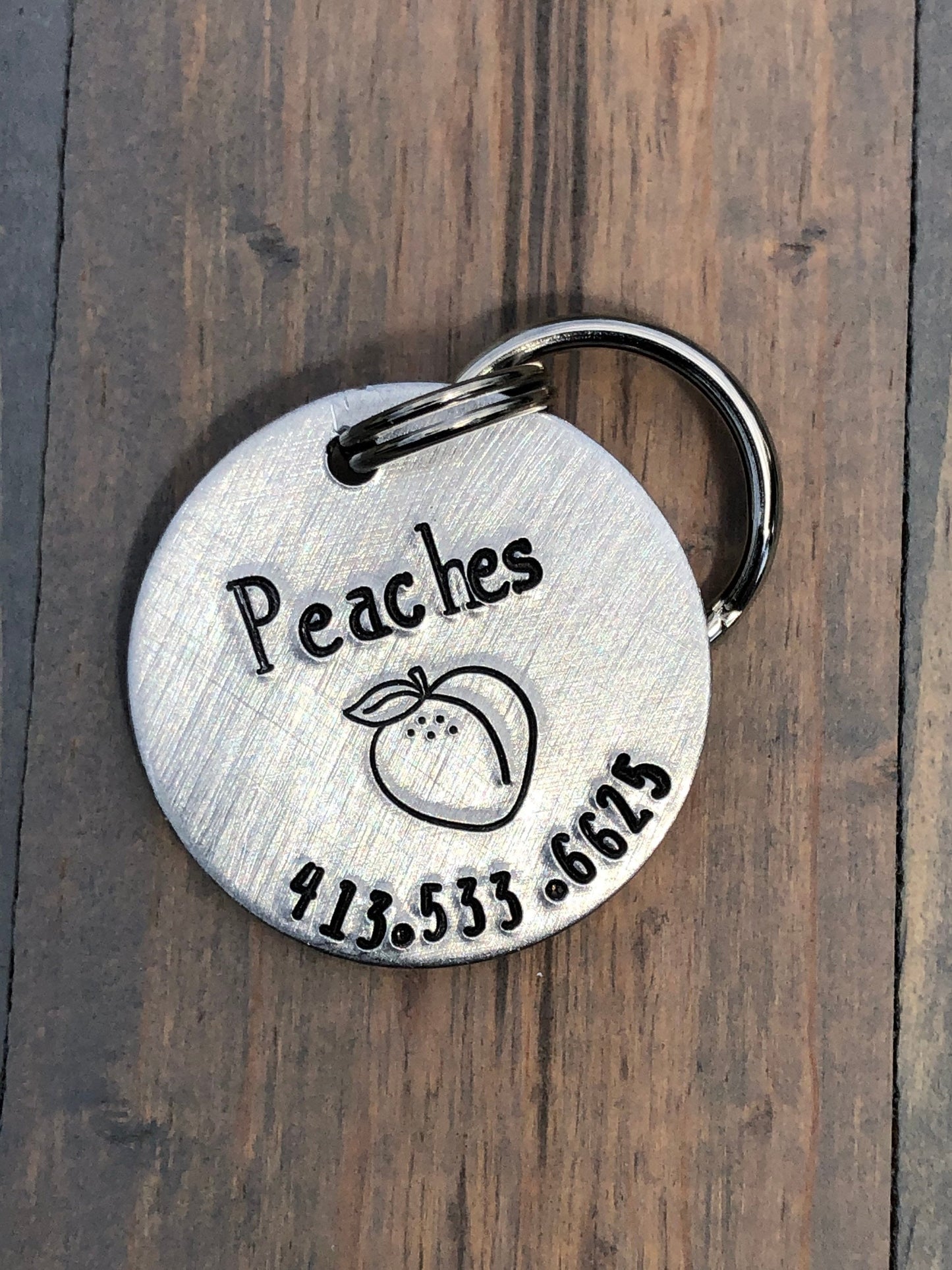Name Tag for Dog, Hand Stamped Pet ID Tag, Peaches, Peach Personalized Dog Tag for Dog, Fruit Dog Tag,  Dog Tag with Peach