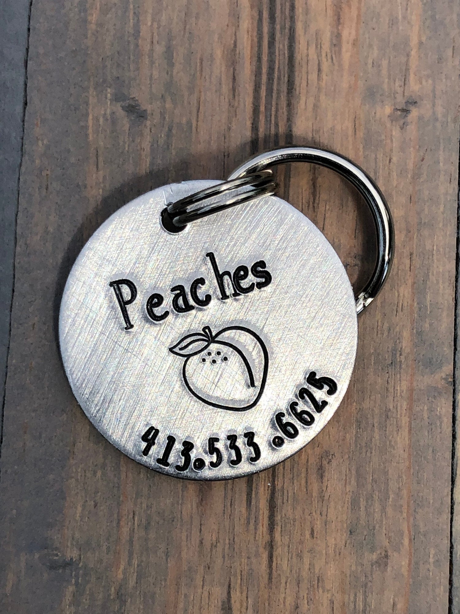 Name Tag for Dog, Hand Stamped Pet ID Tag, Peaches, Peach Personalized Dog Tag for Dog, Fruit Dog Tag,  Dog Tag with Peach
