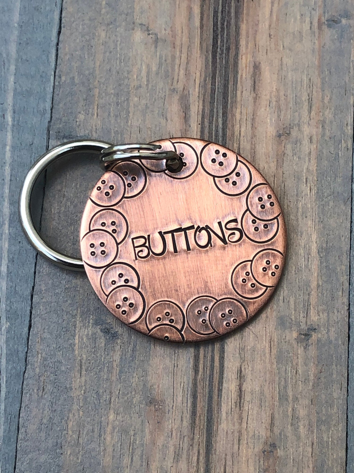 Name Tag for Dog, Hand Stamped Pet ID Tag, Buttons, Dog Tag with Button, Personalized Dog Tag for Dog, Whimsical Dog Tag