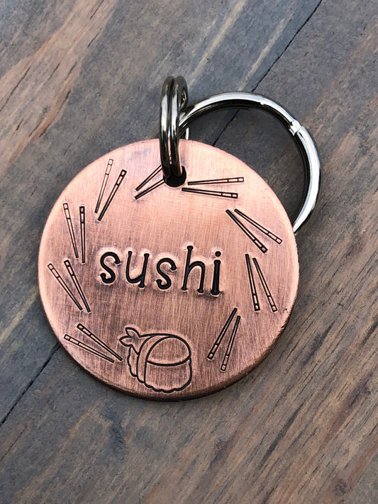 Name Tag for Dog, Hand Stamped Pet ID Tag, Sushi, sushi roll Personalized Dog Tag for Dog, Dog Tag with chop sticks