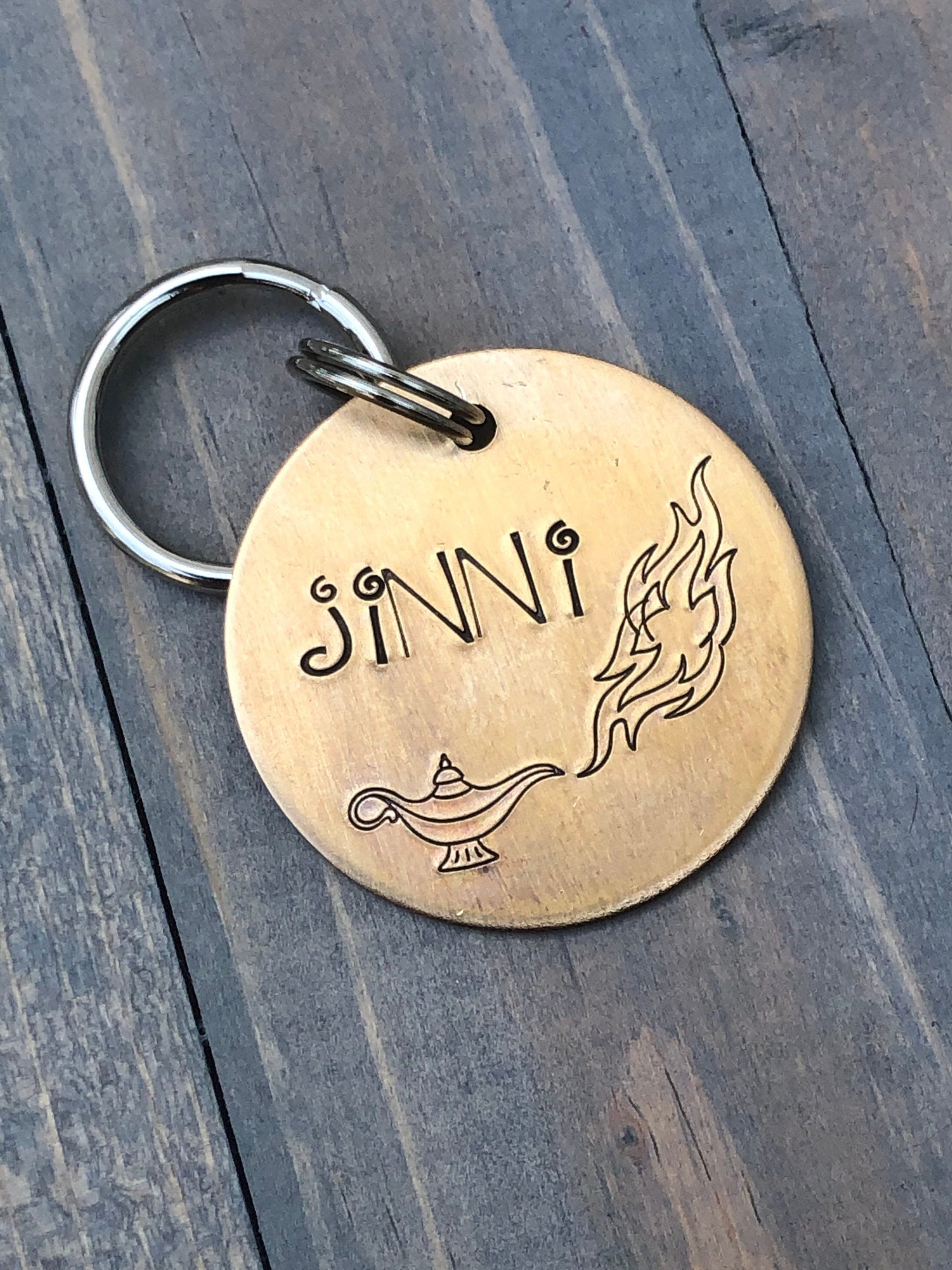 Name Tag for Dog, Hand Stamped Pet ID Tag, Magic Lamp, Genie, Jinni, Personalized Dog Tag, Hand Stamped