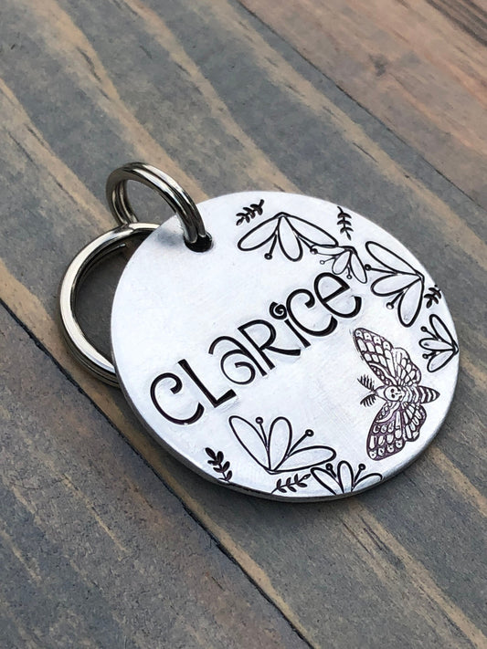 Death Moth Name Tag for Dog, Hand Stamped Pet ID Tag, Dog Tag with flowers & butterfly, Personalized Dog Tag for Dog, Hawkmoth Dog Tag,