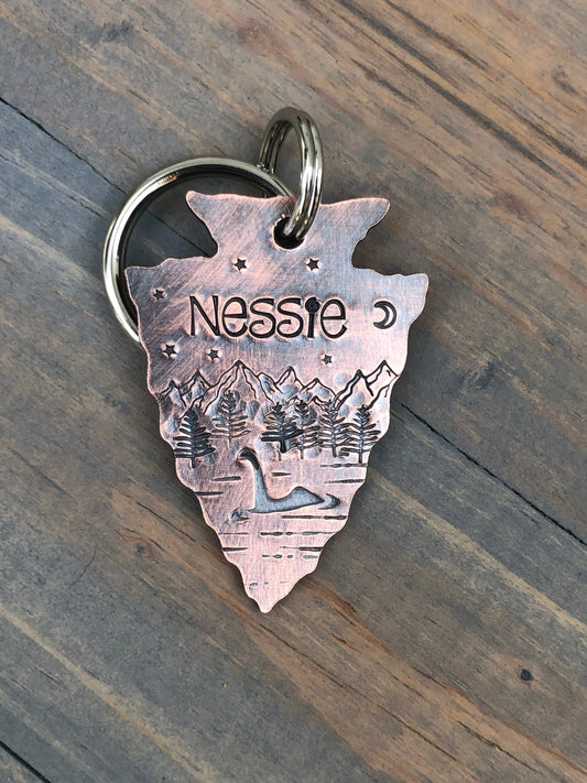 Lock Ness Monster Arrowhead Dog Tag, Hand Stamped Pet ID, Nessie Dog ID Tag, Personalized Dog Tag for Dog, Arrowhead Dog Tag