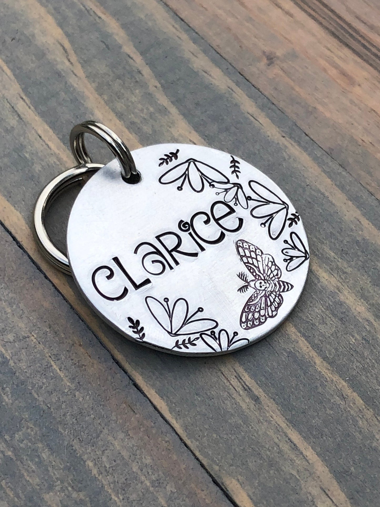 Death Moth Name Tag for Dog, Hand Stamped Pet ID Tag, Dog Tag with flowers & butterfly, Personalized Dog Tag for Dog, Hawkmoth Dog Tag,