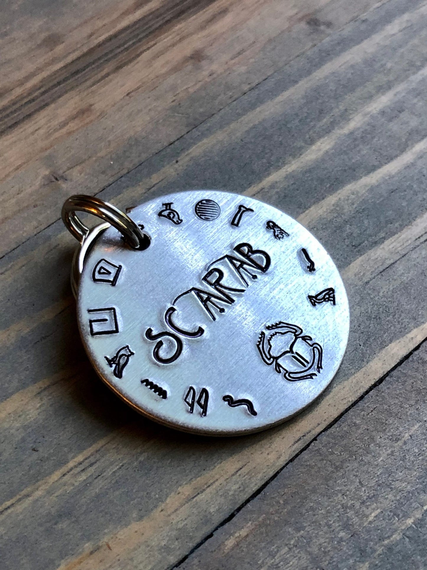 Scarab Name Tag for Dog, Hand Stamped Pet ID Tag, Egyptian Hieroglyphs, Personalized Dog Tag for Dog, Pet ID with Scarab, Rescue Dog, Adopt