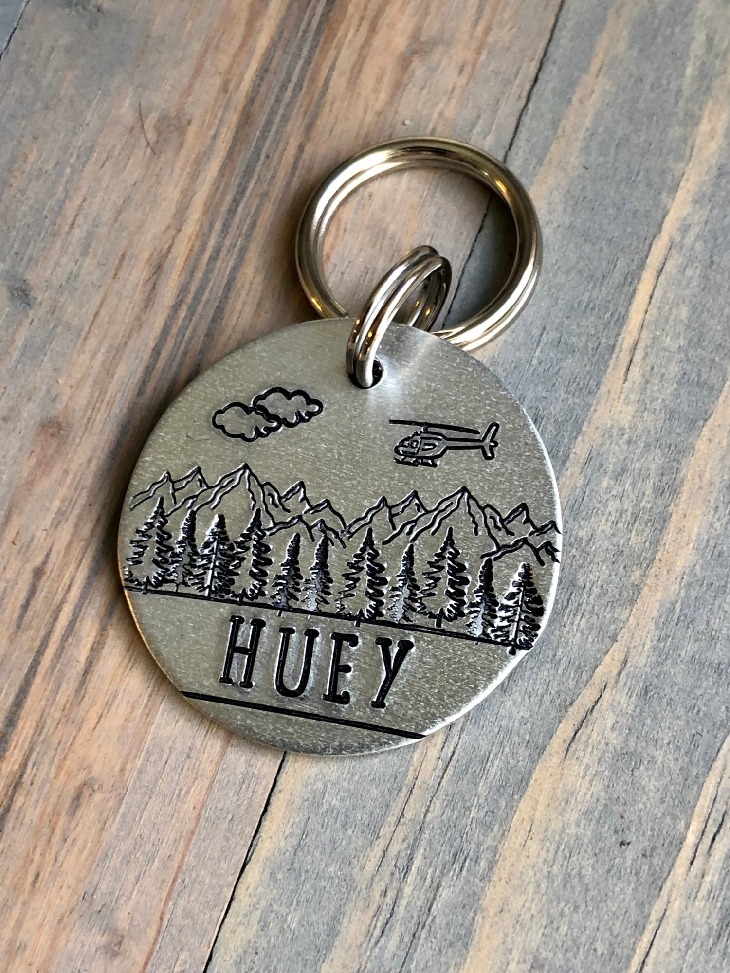 Name Tag for Dog with Helicopter, Hand Stamped Pet ID Tag, Huey, Personalized Dog Tag for Dog, Mountains, Trees, Chopper, Seahawk, Apache