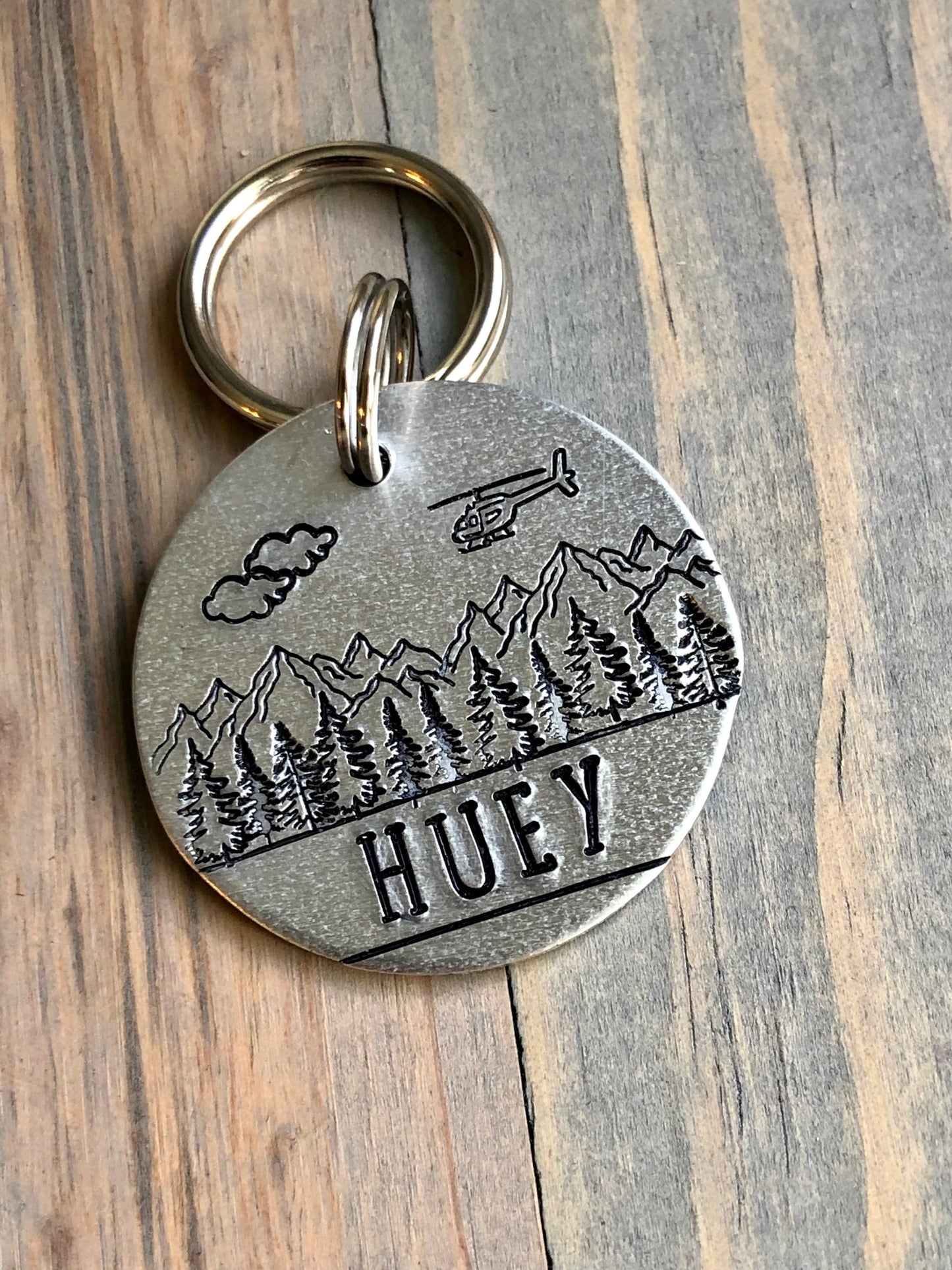 Name Tag for Dog with Helicopter, Hand Stamped Pet ID Tag, Huey, Personalized Dog Tag for Dog, Mountains, Trees, Chopper, Seahawk, Apache