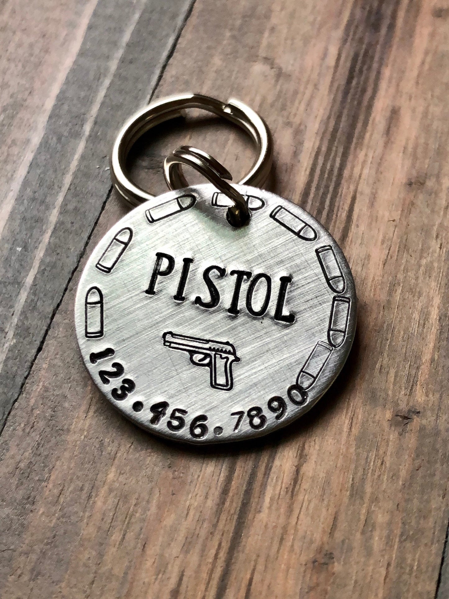 Gun Name Tag for Dog, Hand Stamped Pet ID Tag with bullets, Dog Tag for Gun lover, Personalized Dog Tag for Dog, Revolver, Custom Pet ID