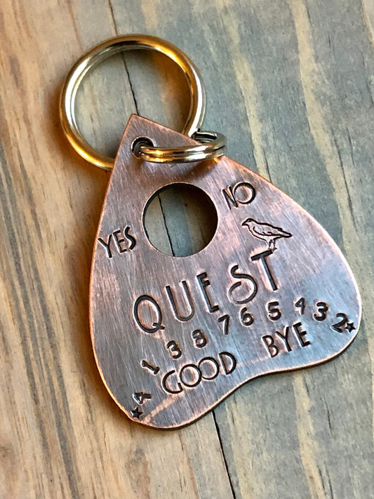 Custom Planchette Dog Tag, Hand Stamped Pet ID, Personalized Dog Tag for Dog, Halloween Collar Tag, Tag with Raven, Tag with Crow, Quest