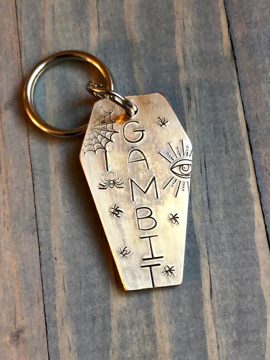 Custom Coffin Dog Tag, Hand Stamped Pet ID, Personalized Dog Tag for Dog, Halloween Collar Tag, Tag with Evil Eye and Spiders, Gambit