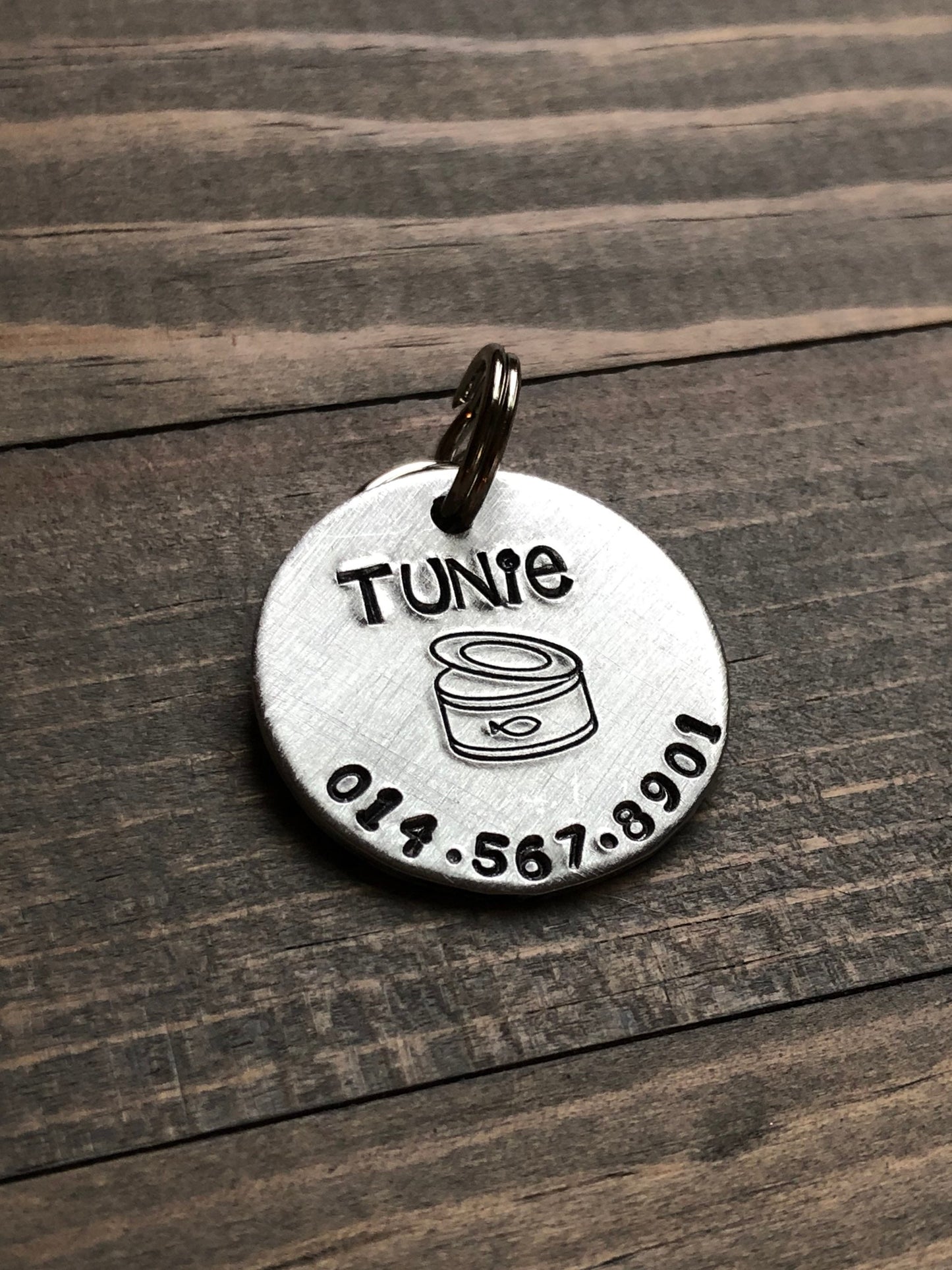 Name Tag for Cat, Hand Stamped Pet ID Tag, Tuna, Personalized Cat Tag for Kitty, Tag with Tuna Can, Cat Food Can